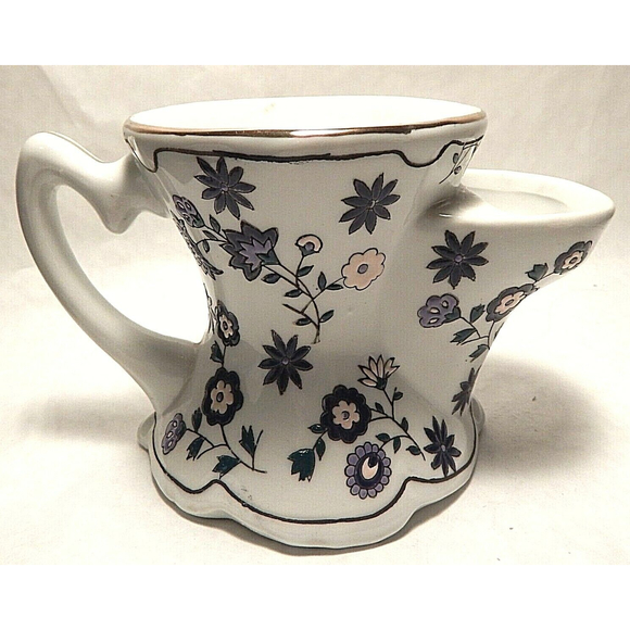Pottery Shaving Scuttle Mug White with Blue Flowers Unbranded - Picture 1 of 12